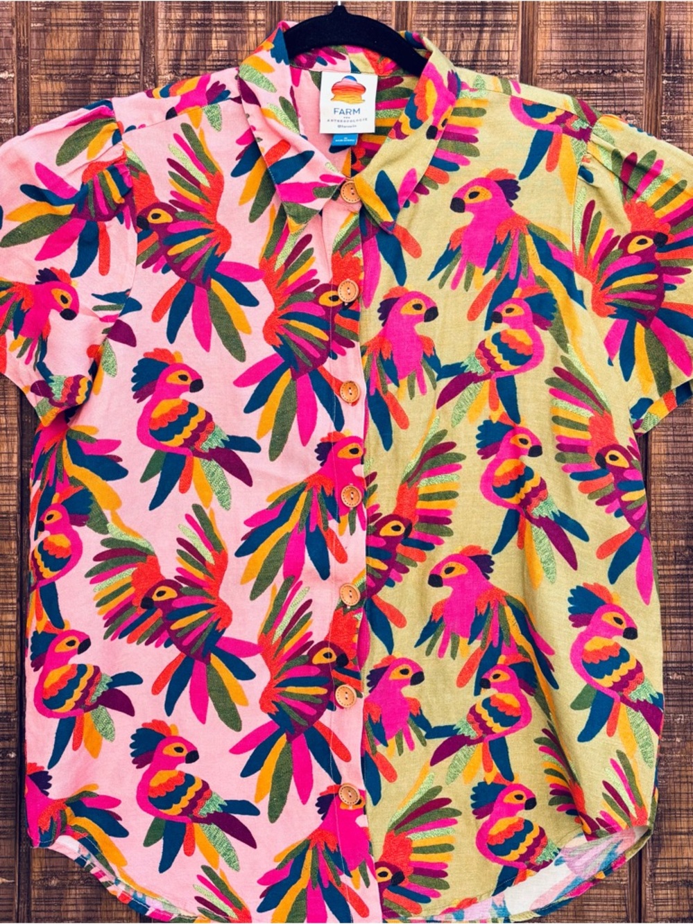 FARM Rio From Anthropologie Two Tone Parrot Button Up Linen Blend Shirt - Picture 3 of 14